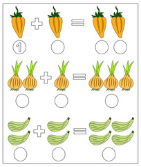 Educational game for kids. Solve math examples for addition. Fold vegetables: pepper, onion, zucchini.