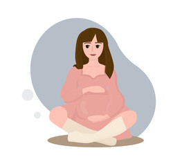 Flat style illustration. Pregnant woman sitting cross-legged. She touching her pregnant belly with her hands. The woman is very beautiful, she wearing a pink dress and looks happy.