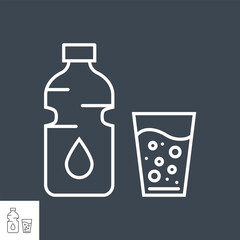Water related vector thin line icon. Bottle of water and a full glass. Isolated on black background. Editable stroke. Vector illustration.