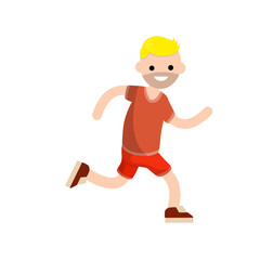 Young man in Shorts and red t-shirt. Running and sports. Movement and walking. Cartoon flat illustration. Active lifestyle