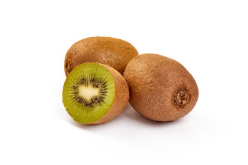 Kiwi and juicy half of kiwi, close-up, isolated on white background