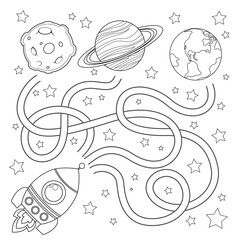 Help rocket find path to Earth. Labyrinth. Maze game for kids. Black and white illustration for coloring book