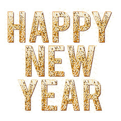 happy new year in golden poppy lettering on white background