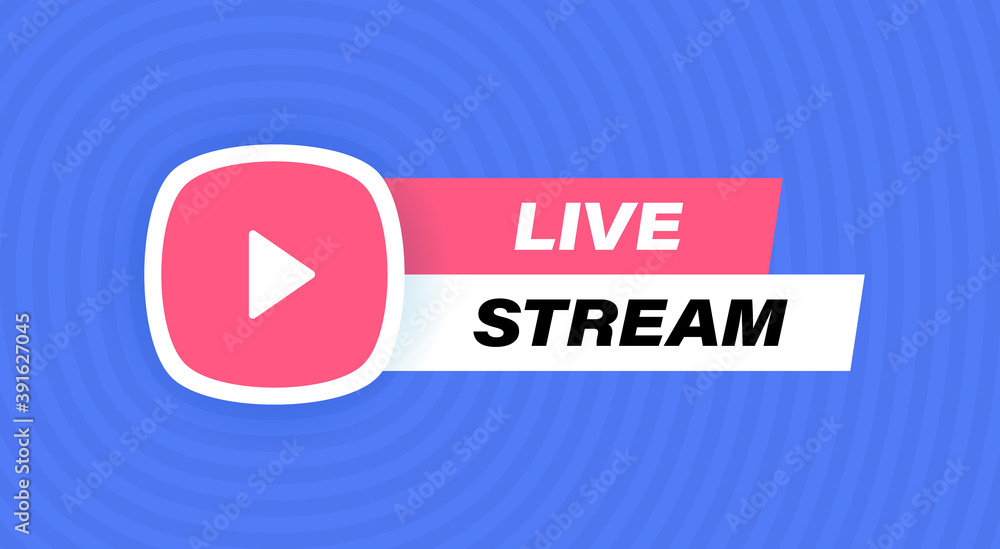 Poster live stream badge design with play button isolated on geometric background in blue colors. modern fl