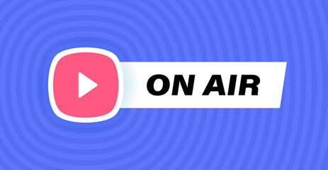 On air badge design with play button isolated on geometric background in blue colors. Modern flat style vector illustration
