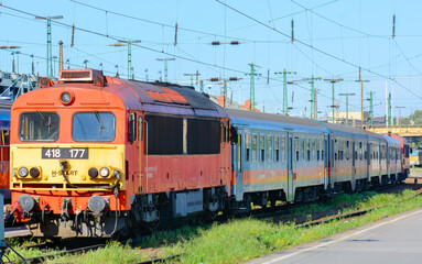 Fototapeta na wymiar Passenger train. Budapest. Hungary. 08/20/2020. Arrival of the train to the station. Rail transport in Budapest. Train at the West Railway Station in Budapest.