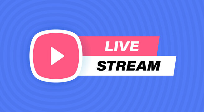 Live stream badge design with play button isolated on geometric background in blue colors. Modern flat style vector illustration