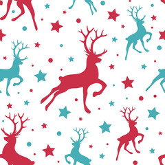 Christmas background with reindeers and stars. Xmas pattern. Vector
