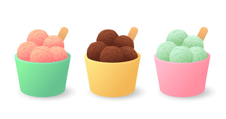Ice cream in a bucket. Pistachio, chocolate, strawberry, cherry ice cream. Isolated background. Vector illustration