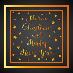 Lettering "Merry Christmas". Gold text and stars. New Year, Christmas banner. Vector illustration EPS 10