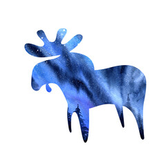 Elk - double exposure with a starry sky. Watercolor illustration.