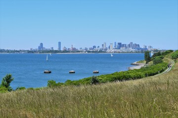 The Boston skyline, from atop a hill on Spectacle Island