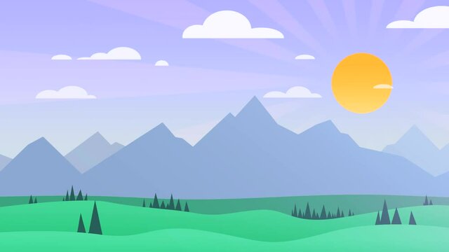 colorful animation of a drawing with beautiful sunset in a nature landscape with mountains, trees and a sky with clouds - nice flat design illustration