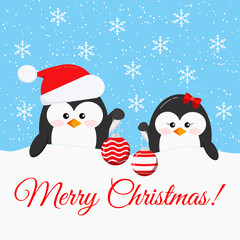 Merry Christmas card - cute penguin boy and girl with x-mas ball - penguin in Santa Claus red christmas hat and head bow accessory on snowy background. Flat design vector illustration.