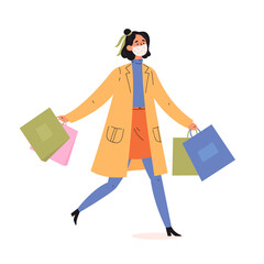 Young attractive fashionable woman holding packages with clothes after shopping. Shopping concept. Happy woman with bags in protective mask. Modern vector illustration in flat style.