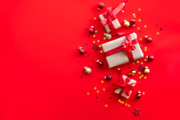 Red festive banner gifts box with shiny stars and balloons top view. backdrop for birthday, Valentine day, new year and Christmas, mother's day and sale. copy space. 