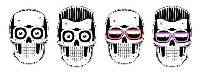 Funny skull. Modern logo. Skull with glasses. Cool hairstyle.