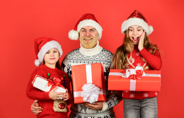 Dad kids having fun. Father and little daughters celebrate new year together. Christmas becomes special with children. Christmas eve concept. Family time. Holly jolly christmas. Surprising miracle