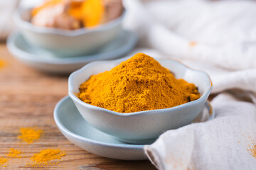 Turmeric root curcuma longa powder, superfood, spices