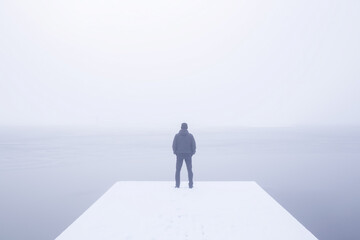 Young adult man standing on snow covered footbridge and looking far away at lake. Mist over frozen...