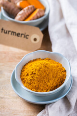 Turmeric root curcuma longa powder, superfood, spices