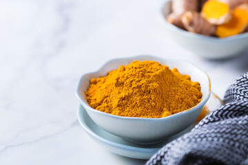 Turmeric root curcuma longa powder, superfood, spices