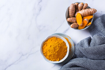 Turmeric root curcuma longa powder, superfood, spices