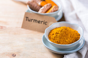 Turmeric root curcuma longa powder, superfood, spices