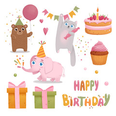 Set of cute animals for happy birthday design.