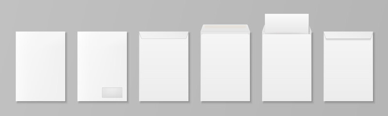 Vector 3d Realistic White Paper Blank Envelope with Letter Sheet and Window Isolated. A4, C5, C6, A6, C6, A5, C5 Size. Design Template for Mockup. Opened and Closed. Top or Front View