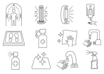 Disinfection line icons. Cleaning and sanitizer surface, spray bottle, wash hand gel, UV lamp, sanitizing mat, Touchless faucet and dispenser, disinfection tunnel. Editable stroke. Vector