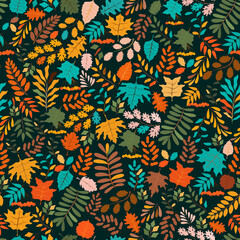 Naklejka na ściany i meble Seamless vector pattern with autumn leaves and branches on a dark background