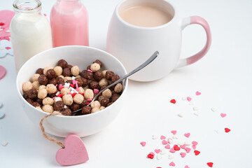 Cup with chocolate balls on a festive background. Side view. The concept of proper nutrition and holidays, February 14, women's day.