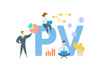 PV, Present Value. Concept with keywords, people and icons. Flat vector illustration. Isolated on white background.