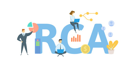 RCA, Root Cause Analysis. Concept with keywords, people and icons. Flat vector illustration. Isolated on white background.