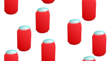 Soda drink seamless pattern. Repeating background with canned beverages (carbonated drinks). Patches, badges, pins, stickers. Red background