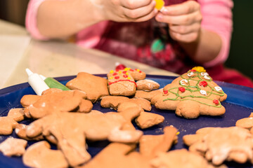 christmas gingerbread biscuits beeing adorned
