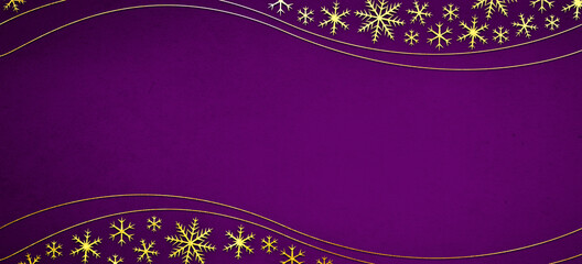 Christmas decorations with golden snowflakes shape on a purple background. Decorative background with copy space.