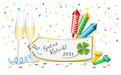 Fototapete Silvester Karte Happy New Year 2021 Mit Raketen Kleeblatt Sektglaser Kartchen Konfetti Troten Und Text Vektor Illustration Isoliert Auf Weissem Hintergrund Pmdesign