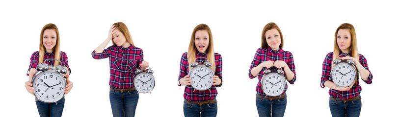 Woman with clock isolated on white