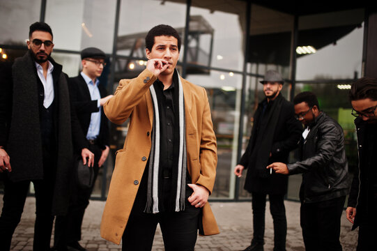 Group Of Handsome Retro Well-dressed Man Gangsters Smoking Outdoor. Multiethnic Male Bachelor Mafia Party.