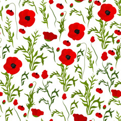 Seamless vector pattern with poppy flowers on a light background.