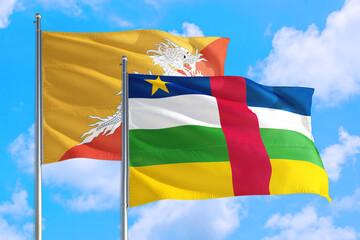 Central African Republic and Bhutan national flag waving in the windy deep blue sky. Diplomacy and international relations concept.