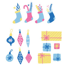 Set of Christmas decoration ball, sock, candy, gift box. Hand drawn style illustration. Winter holiday, christmas, new year concept.