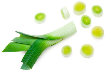leek with slices isolated on white background. with clipping path. top view