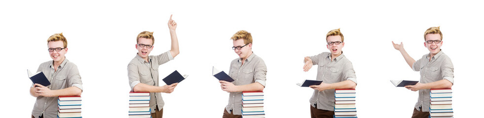 Funny student with stack of books