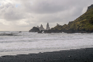 View of the basalt stacks in Reynisfjara beach, Iceland