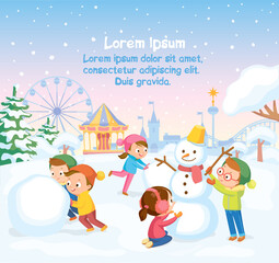 Vector winter scene with kids children making building snowman in snowy park, forest during snowfall with amusement park, theme park on background.
