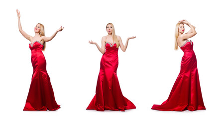 Woman in pretty red evening dress isolated on white