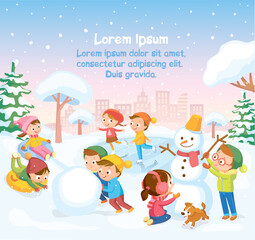 Fototapeta premium Vector winter scene with kids children making building snowman, skating on frozen pond lake and sliding down hill on tubes in snowy park, forest during snowfall with city landscape on background.